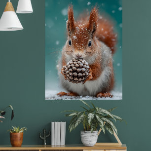Adorable Red Squirrel in the Snow with a Pinecone Poster