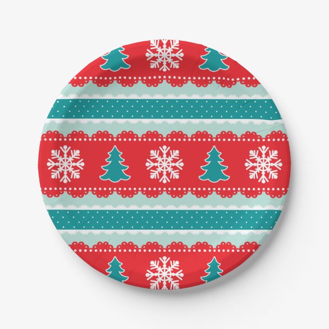Adorable Red Teal Christmas Design With Snowflakes Paper Plate (Front)