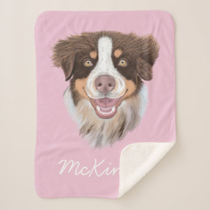 Adorable Red Tri Aussie Pink Personalized Sherpa Blanket
