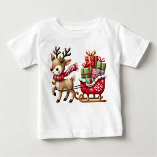 Adorable Reindeer and Sleigh Christmas Design Baby T-Shirt