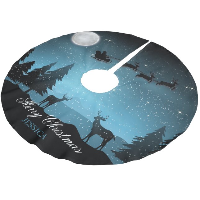Adorable Reindeer At Night Brushed Polyester Tree Skirt (Angled)