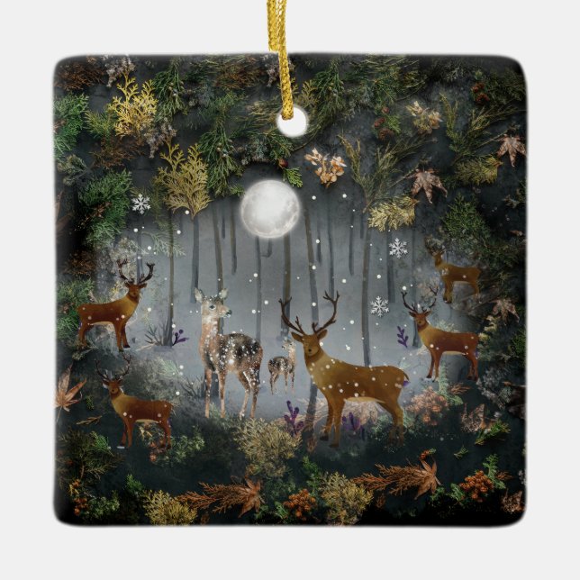 Adorable Reindeer At Night Ceramic Ornament (Front)