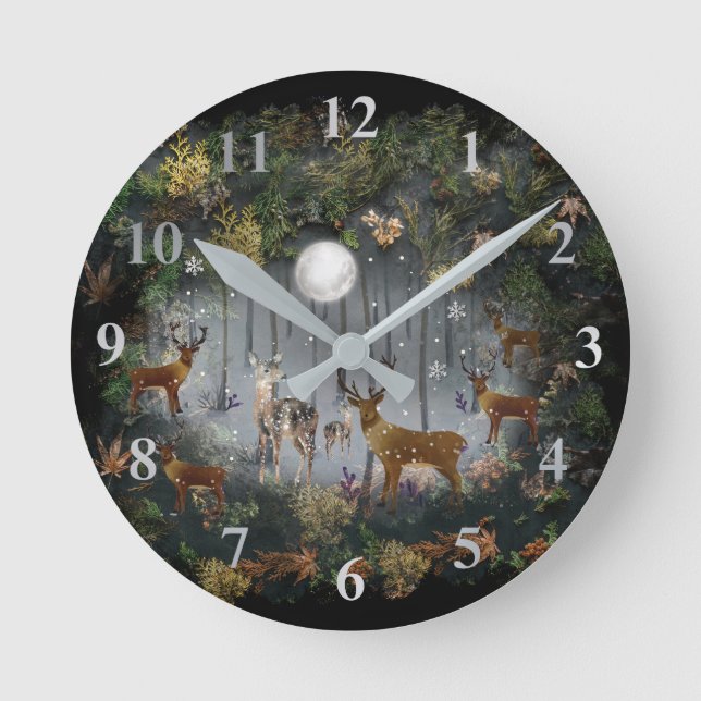 Adorable Reindeer At Night Round Clock (Front)