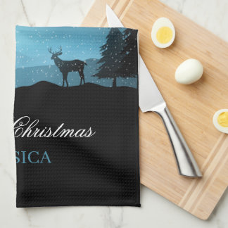 Adorable Reindeer At Night Tea Towel