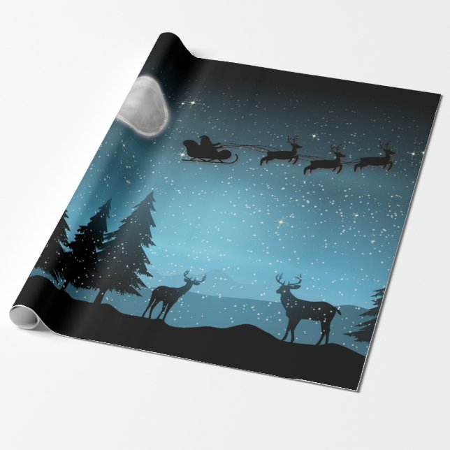 Adorable Reindeer At Night Wrapping Paper (Unrolled)