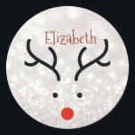 Adorable Reindeer Face,Bokeh  Classic Round Sticker<br><div class="desc">Adorable reindeer face on glittery bokeh background with your name.</div>