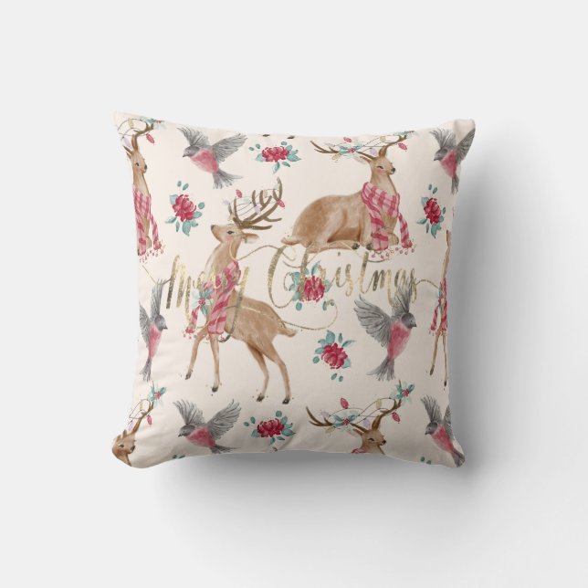 Adorable reindeers, birds, flowers cushion (Front)