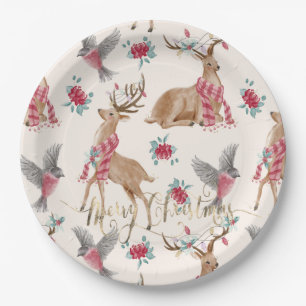Adorable reindeers, birds,flowers paper plate