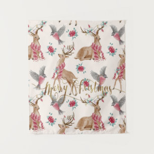 Adorable Reindeers, Birds, Flowers Tapestry