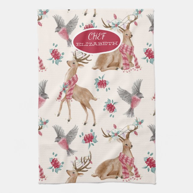 Adorable Reindeers,Birds,Flowers  Tea Towel (Vertical)