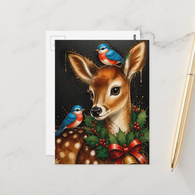 Adorable Retro Christmas Fawn Postcard (Front/Back In Situ)