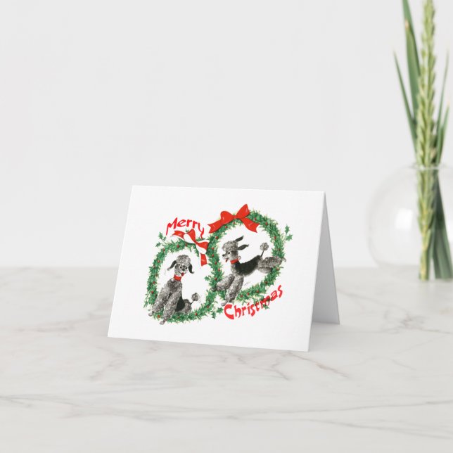 Adorable Retro Christmas Poodles Wreath Custom Holiday Card (Front)