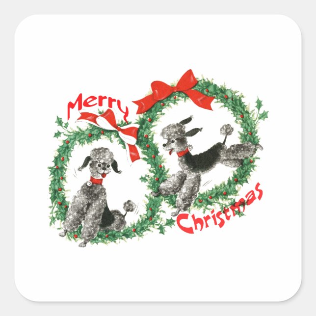 Adorable Retro Christmas Poodles Wreath Custom Square Sticker (Front)