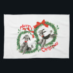 Adorable Retro Christmas Poodles Wreath Custom Tea Towel<br><div class="desc">Adorable Retro Christmas Poodles Wreath Custom Kitchen Towel. Two adorable Grey/Black Poodles! Each Poodle is wearing a red collar with a bell on it, and is framed up with a pretty Holly Christmas Wreath and Merry Christmas text design. Add custom text on any white area if desired, using your choice...</div>