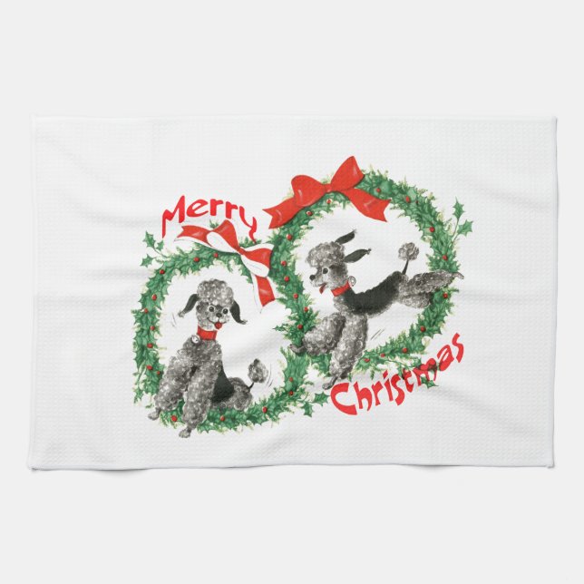 Adorable Retro Christmas Poodles Wreath Custom Tea Towel (Horizontal)