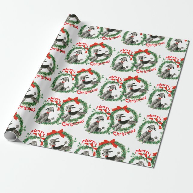 Adorable Retro Christmas Poodles Wreath Wrapping Paper (Unrolled)