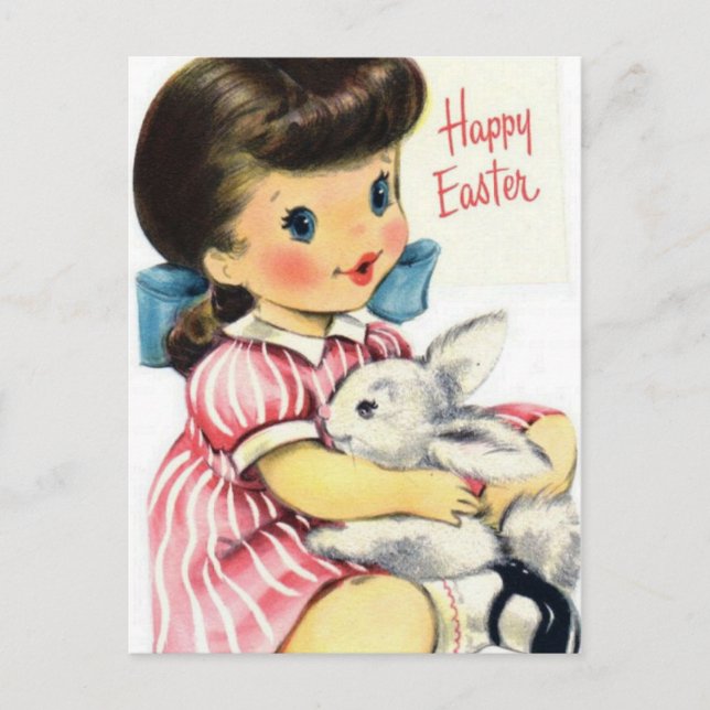 Adorable Retro Happy Easter Girl and Bunny Postcard (Front)