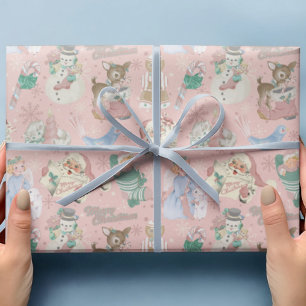 Adorable Retro Pink Green Christmas Wrapping Paper