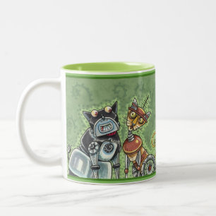 ADORABLE ROBOT BULLDOG AND FELINE FRIEND Funny Pet Two-Tone Coffee Mug