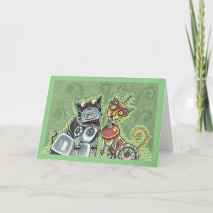ADORABLE ROBOT BULLDOG & FELINE FRIEND Funny Blank Card