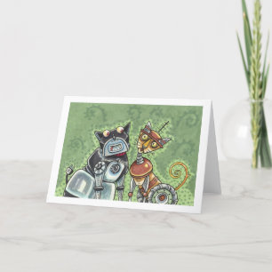 ADORABLE ROBOT BULLDOG & FELINE FRIEND Funny Blank Card