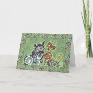 ADORABLE ROBOT BULLDOG & FELINE FRIEND Funny Blank Card