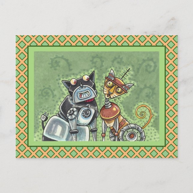 ADORABLE ROBOT BULLDOG & FELINE FRIEND Funny Blank Postcard (Front)