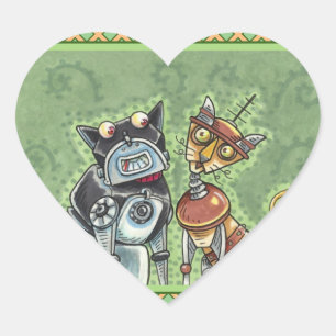 ADORABLE ROBOT BULLDOG & FELINE FRIEND Funny Heart Sticker