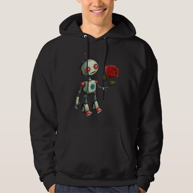 Adorable Robot Handing Out a Rose  flower Hoodie (Front)
