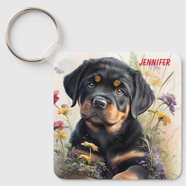 Adorable Rottweiler Puppy Dog Key Ring (Front)