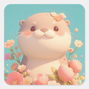 Adorable Round Clay Otter with Pink Blossom Square Sticker