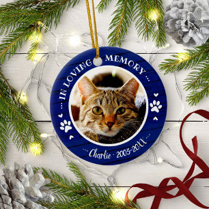Adorable Rustic Cat Pet Memorial Custom Photo Blue Ceramic Ornament