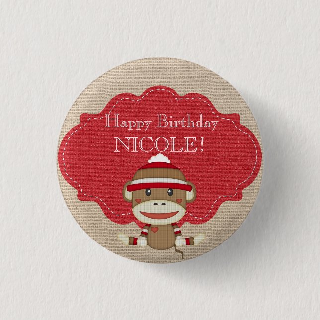 Adorable Rustic Custom Sock Monkey Party 3 Cm Round Badge (Front)