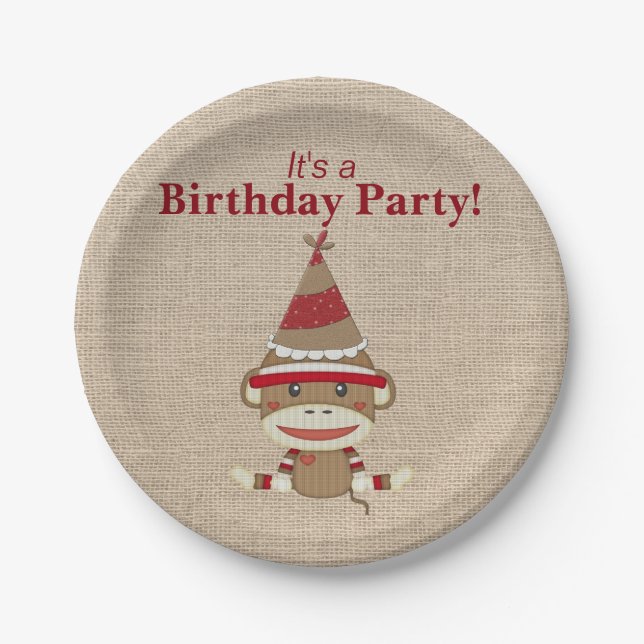 Adorable Rustic Custom Sock Monkey Party Paper Plate (Front)