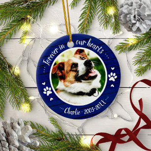 Adorable Rustic Dog Pet Memorial Custom Photo Blue Ceramic Ornament