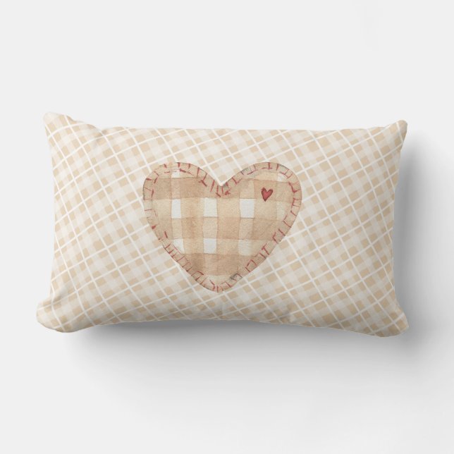 Adorable rustic tartan pattern with heart Brown Lumbar Cushion (Front)