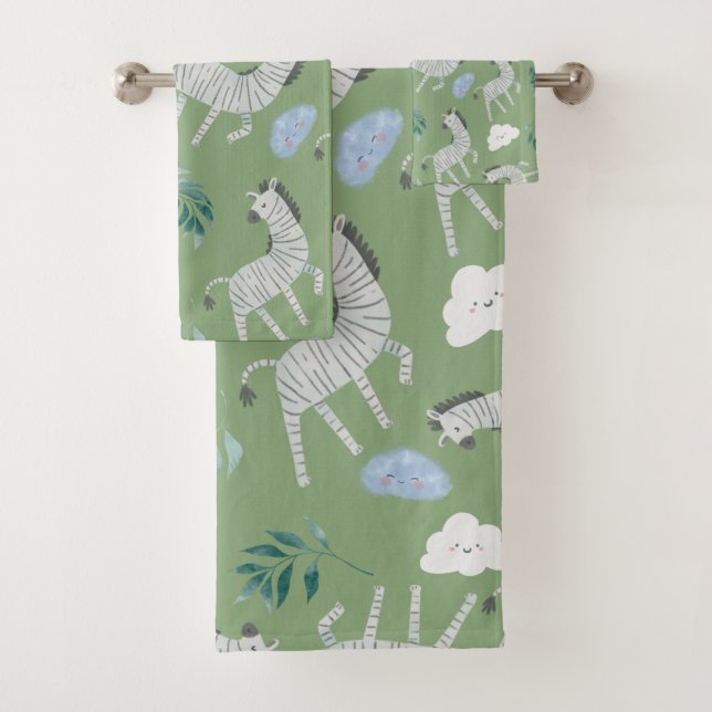 Adorable sage green safari zebra jungle pattern bath towel set (Insitu)
