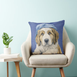 ADORABLE SAINT BERNARD PUPPY WITH BLUE HAT CUSHION