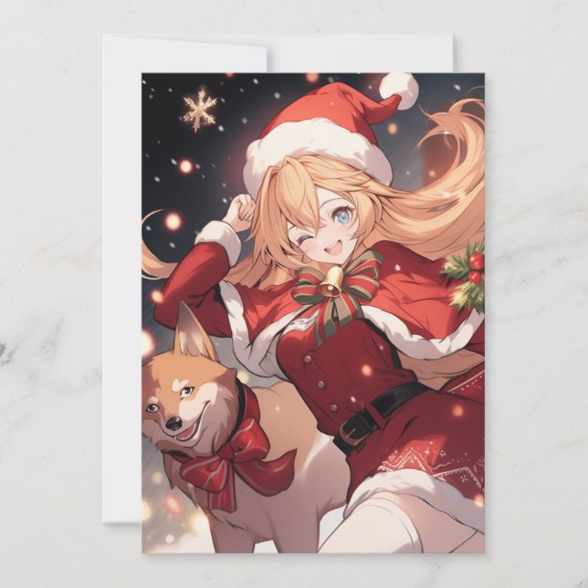 Adorable Santa Anime Girl and Christmas Shiba Dog Holiday Card (Front)