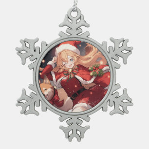 Adorable Santa Anime Girl and Christmas Shiba Dog Snowflake Pewter Christmas Ornament