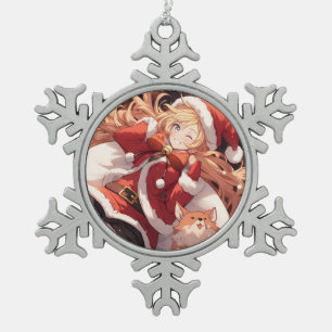 Adorable Santa Anime Girl Bag of Gifts and Pet Dog Snowflake Pewter Christmas Ornament