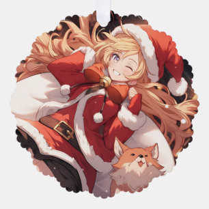 Adorable Santa Anime Girl Bag of Gifts and Pet Dog Tree Decoration Card