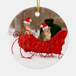Adorable Santa Baby Chipmunks in Sleigh Ceramic Ornament