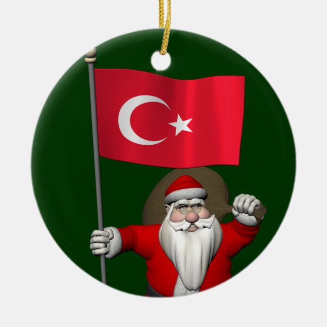 Adorable Santa Claus With Flag Of Turkey Ceramic Ornament (Front)