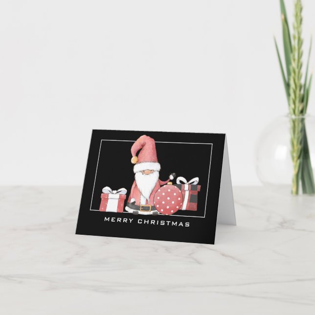 Adorable Santa Gnome in Red Merry Christmas Card (Front)