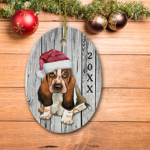 Adorable Santa Hat Basset Hound Puppy Ceramic Orna Ornament