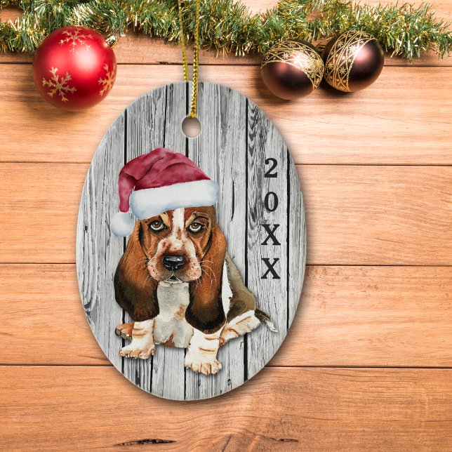 Adorable Santa Hat Basset Hound Puppy Ceramic Orna Ornament (Creator Uploaded)