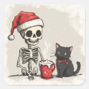 Adorable Santa Skeleton and Kitten Square Sticker