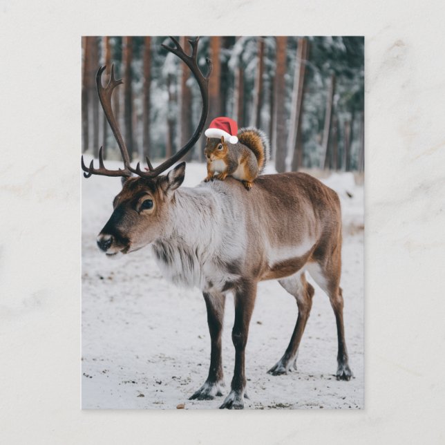 Adorable Santa Squirrel and the Reindeer Postcard (Front)