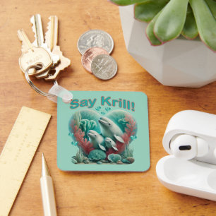 Adorable "Say Krill" Whale Family Portrait Key Ring